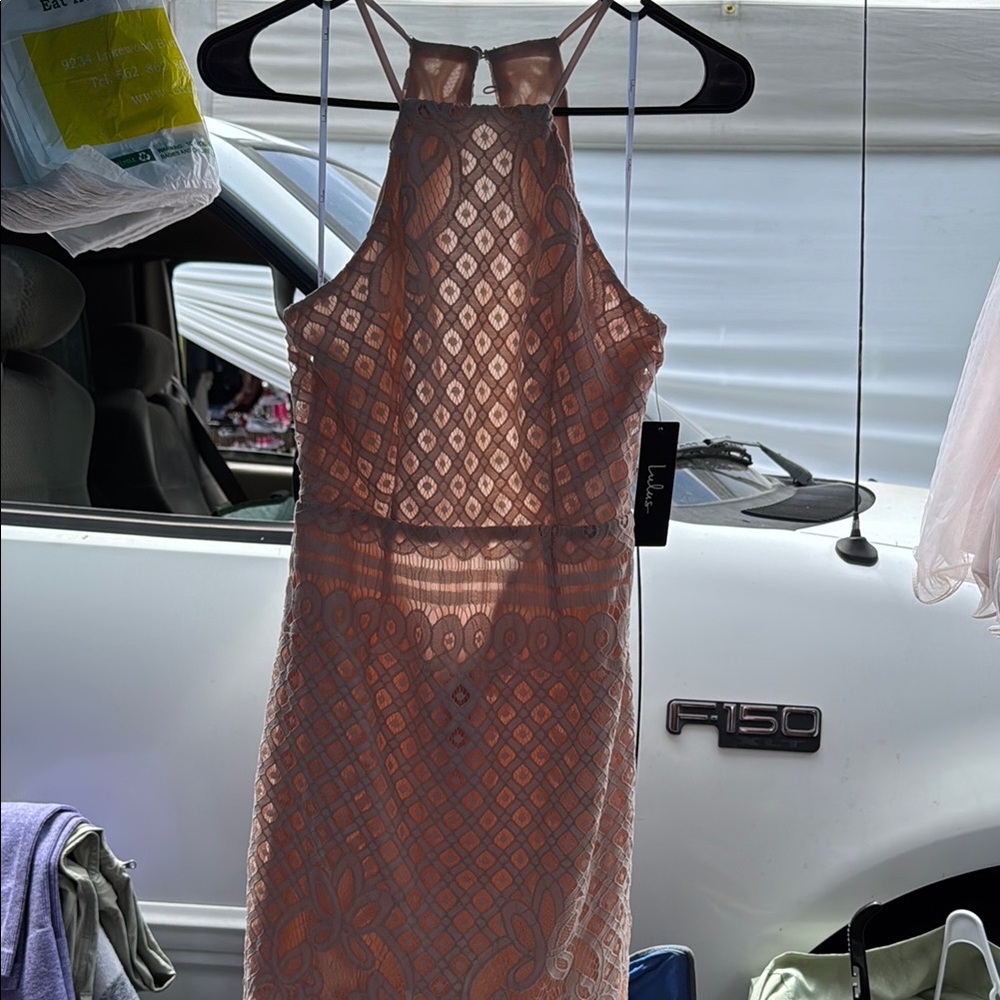 Chic Backless Lace Dress in Peach by Lulu's dress